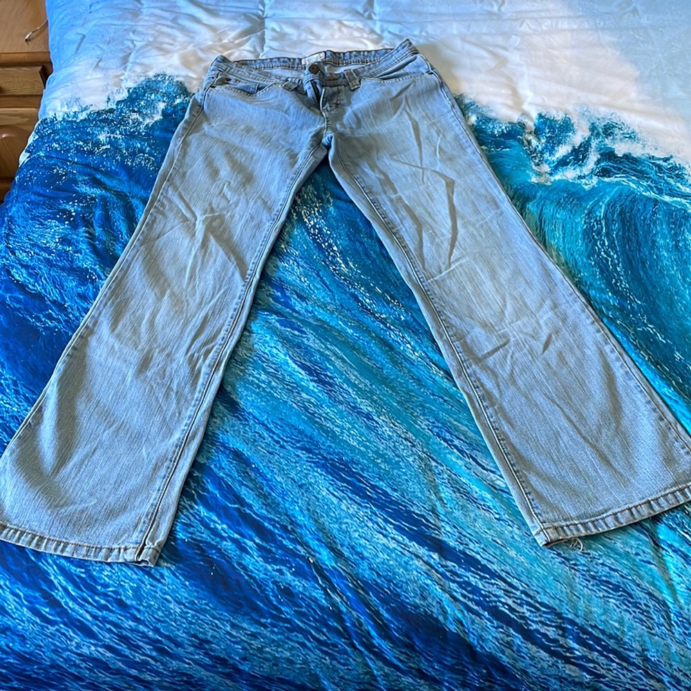 So jeans. Wore a couple times.  Has wear at hems see photo